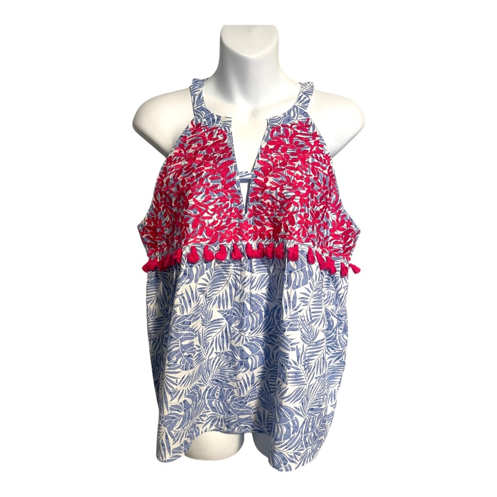 THML Halter Tank Top Blue Palm Pink Floral And Tassels Size Medium Coastal Beach